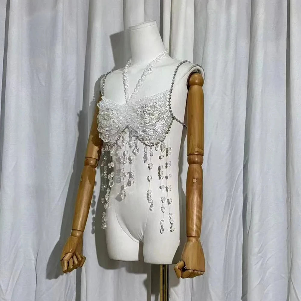 Sexy Europe And The United States Crystal Pearl Female Vest Handmade Street Shooting Bra Top Hollow Body Chain Holiday Swimsuit
