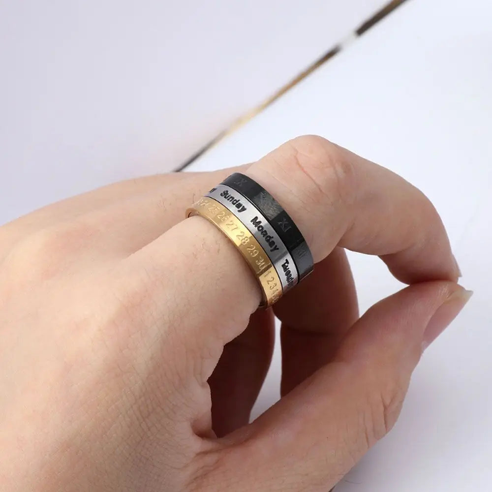 Creative 3 Part Date Time Calendar Titanium Steel Cool Punk Rotatable Joint Ring Finger Ring Fashion Jewelry Men Ring
