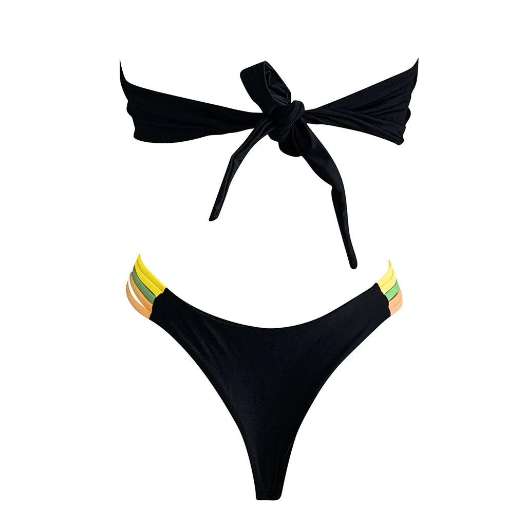 Bathing Suit Women Push-Up Swimwear New Colored Stripes Padded Strapless Bikini Set Summer Swimwears Tankinis Set Bikini Bottoms