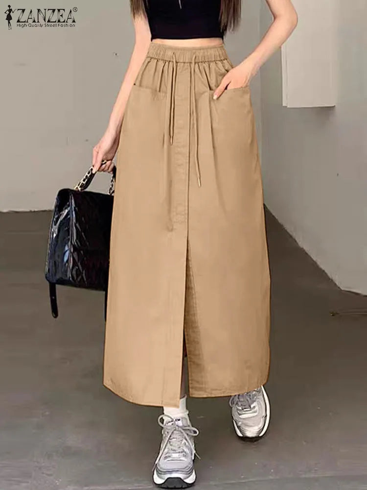 ZANZEA Fashion Women Autumn High Waist Skirts Solid Long Jupes Elegant OL Work Faldas Saia Stylish Holiday Midi Skirt Streetwear