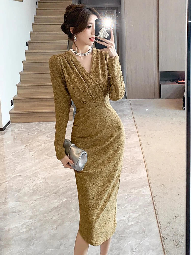 Women Clothes Casual Glitter Shiny Gold V-Neck Folds Slim Asymmetrical Dress Elegant Evening Party Birthday Vestidos Spring New