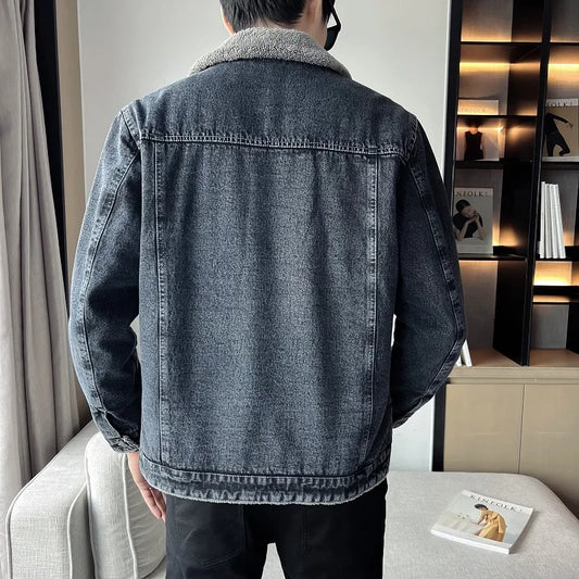 Men Denim Jacket Men Fleece Trendy Winter Velvet Coats 2025 Men Korean Slims Casual Thick Jacket Male Lamb Fur Casual Outerwear