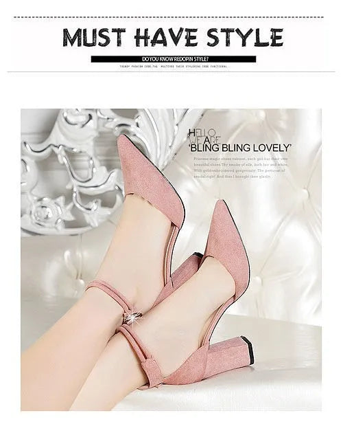 2025 Summer Square High Heels Women Shoes Flock Pointed Sandals Sexy Female Sandalias Shoes Ankle Buckle 6cm Heel Casual Pumps