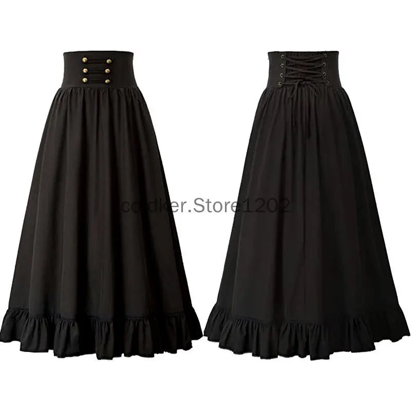 Women Maxi Skirt Medieval Intage Summer High Waist A Line Victorian Long Skirt Steampunk Gothic Ruffled Hem Pleated Party Skirts