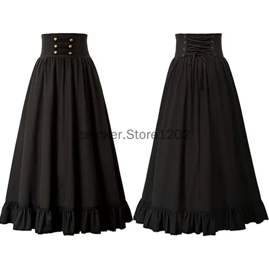 Women Maxi Skirt Medieval Intage Summer High Waist A Line Victorian Long Skirt Steampunk Gothic Ruffled Hem Pleated Party Skirts