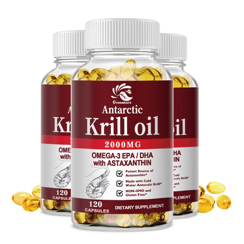 Krill Oil | 2000mg with Astaxanthin, Omega 3, DHA, EPA, and Phospholipids | No Smell, No Fishy Taste | 60/120 Capsule