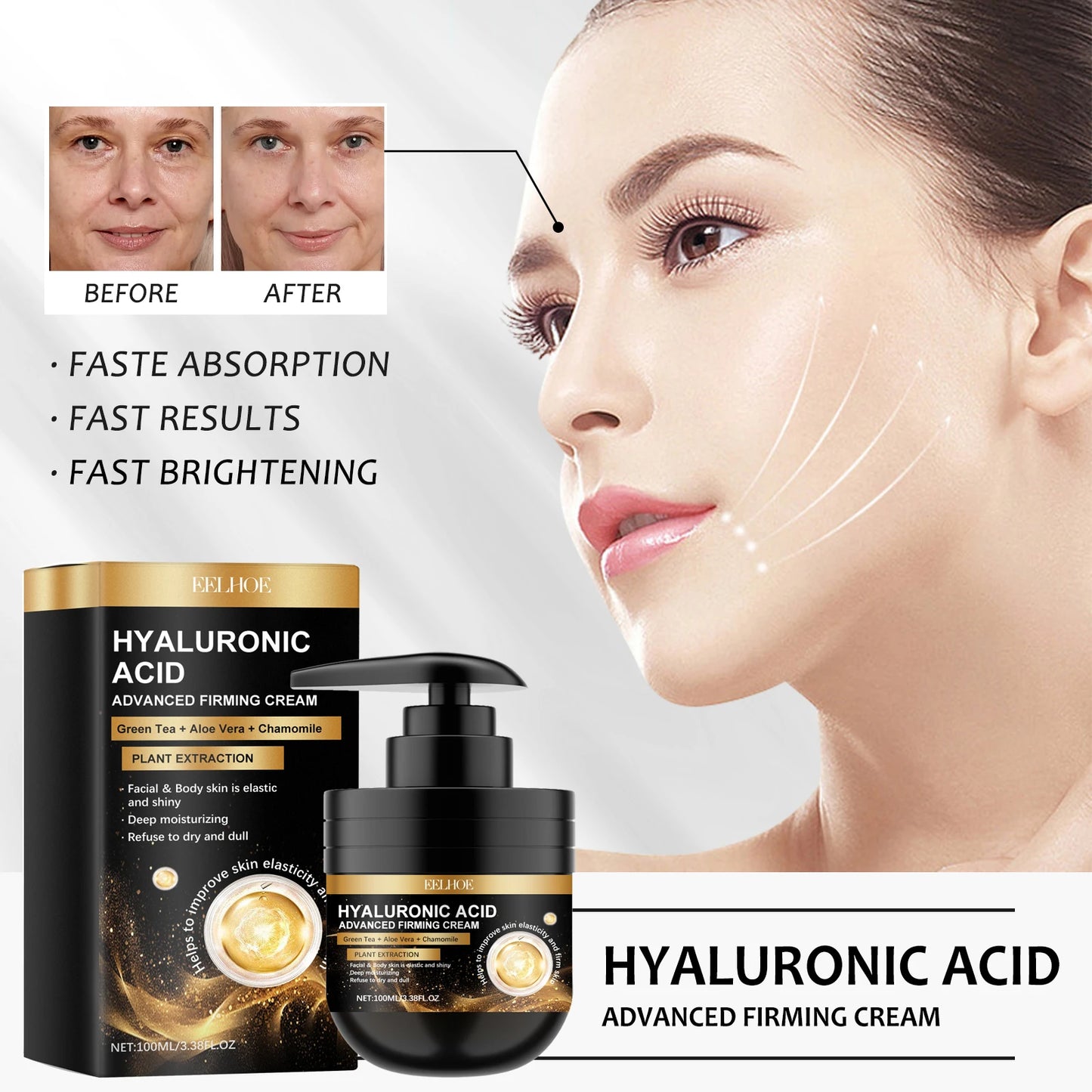 Hyaluronic Acid Firming Face Cream 100ml Intense Moisturizing Anti Aging Cream For Dry Skin Hydrating Wrinkle Reduction Cream