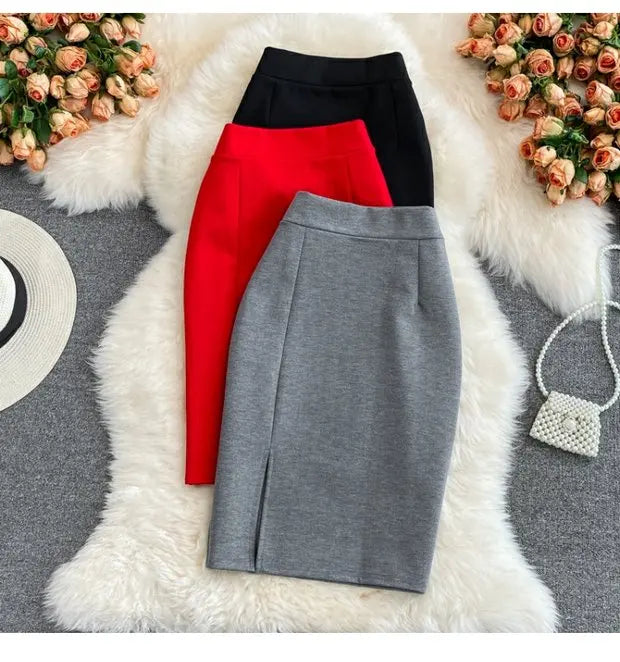 High Waist Midi Skirt Women's OL Profional Slimming Side Slit Wrap around A-Line One Step Skirt Korean Sle Commute Pure ...
