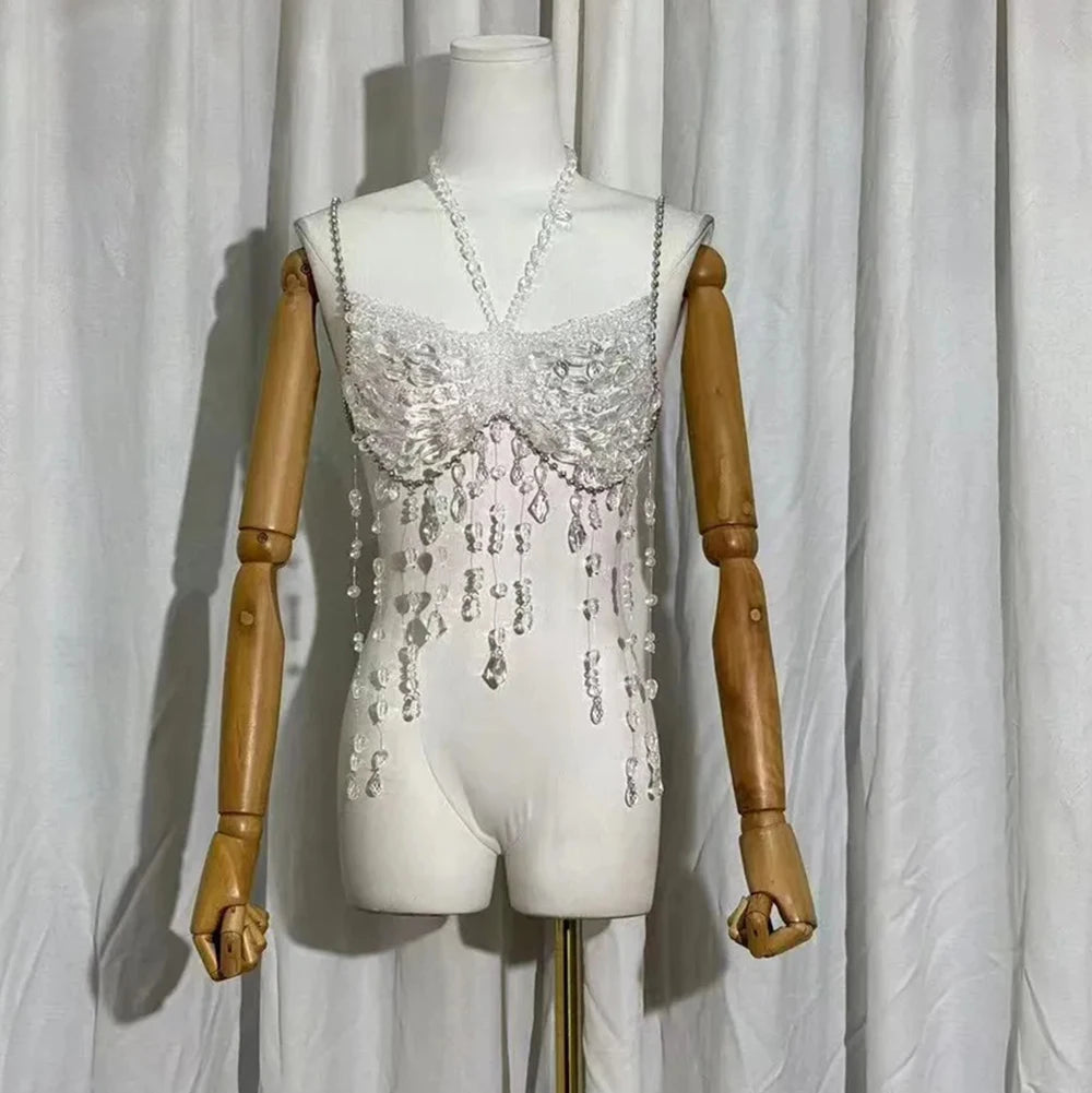 Sexy Europe And The United States Crystal Pearl Female Vest Handmade Street Shooting Bra Top Hollow Body Chain Holiday Swimsuit