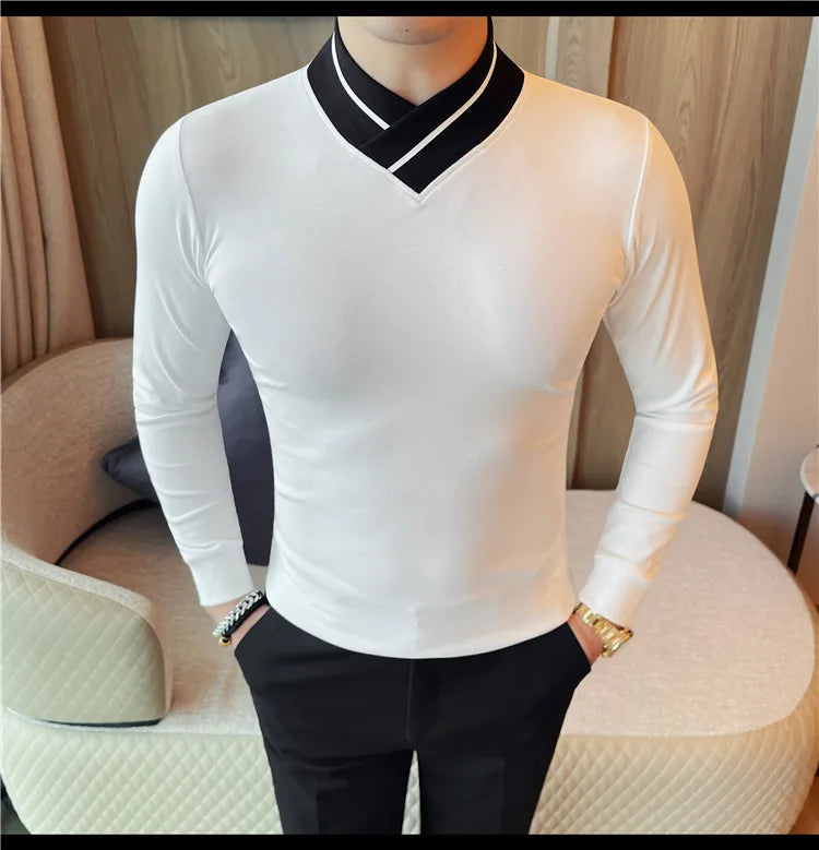 Autumn Winter Men's Mock Neck Long Sleeved T-shirt Slim Fit Elastic Solid Color Base Shirt Versatile Casual Business T-shirts