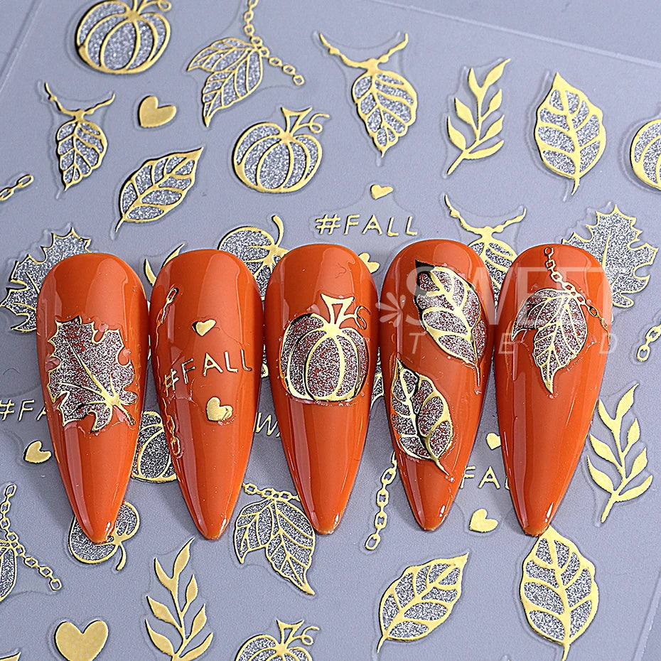 3pcs Autumn Nail Art Stickers Decal Golden Pumpkin Ghost Spider 3D Adhesive Slider for Halloween Thanksgiving Day Manicure Decor