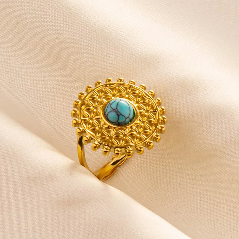 Classic Retro Turquoise Finger Jewelry Stainless Steel Rings For Women Men Accessories Open Adjustable 18k Real Gold Plated Ring