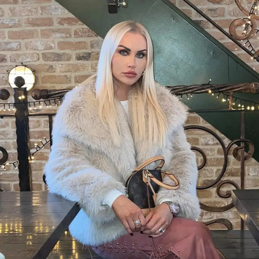 2025 Women Fashion Cropped Faux Fur Jacket Coat Long Sleeve Front Snap-button Female Outerwear Chic Lapel Collar Thick Coat