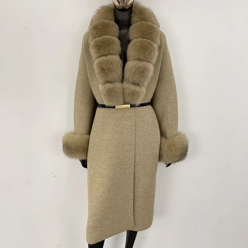 Long Knitwear Coat Women Warm Belt Real Fox Fur Jacket Female 2024 New Autumn Winter Kintted Natural Fur Coat Women