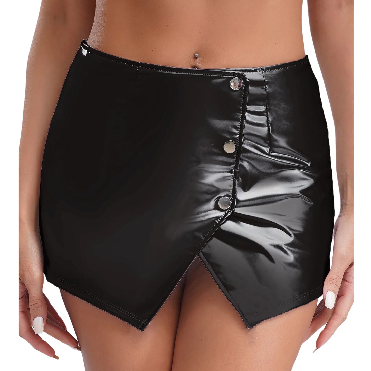 Womens Metallic Sexy Front Split Latex Mini Skirt Shiny Short Skirt Bar Clubwear Holographic Buttons Back Zipper Club Skirts
