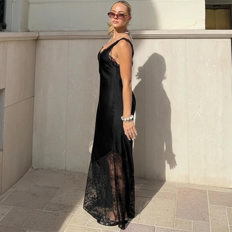 Tornova Sexy Spaghetti Strap Lace Dress For Women Fashion Splice Elegant Backless Long Dress Slim Vacation Party Female Clothes