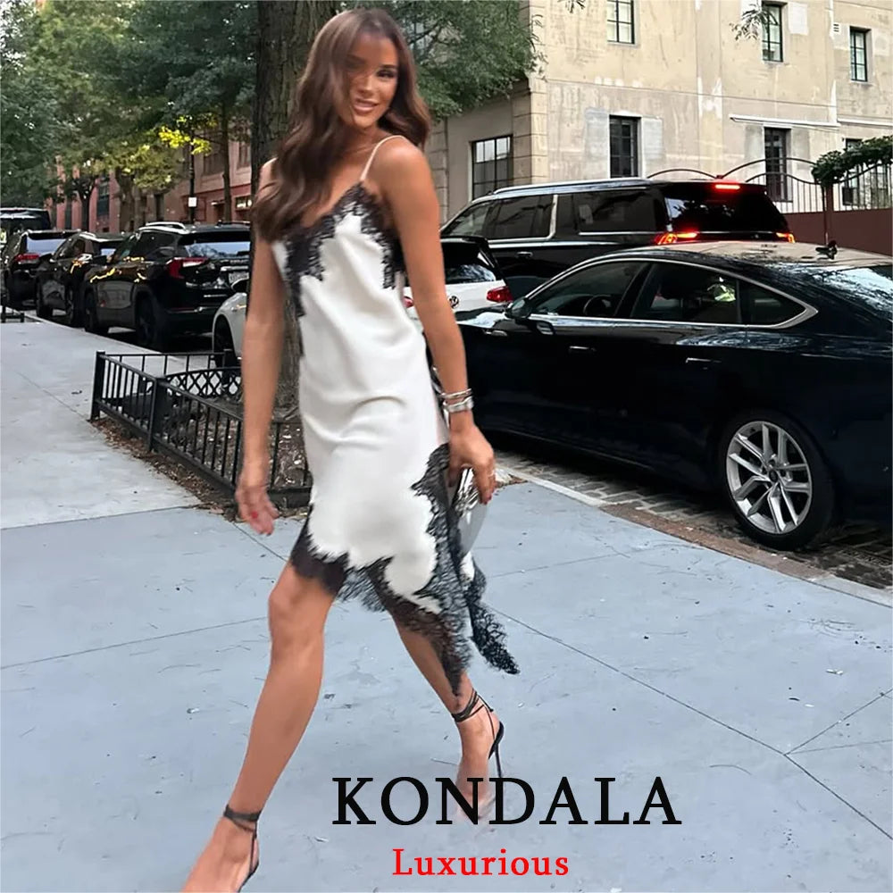 KONDALA Satin Sexy Lace Spliced Short Sling Dress Women Sleeveless Backless Asymmetric Sexy Party Dresses 2025 Autumn Lady Dress