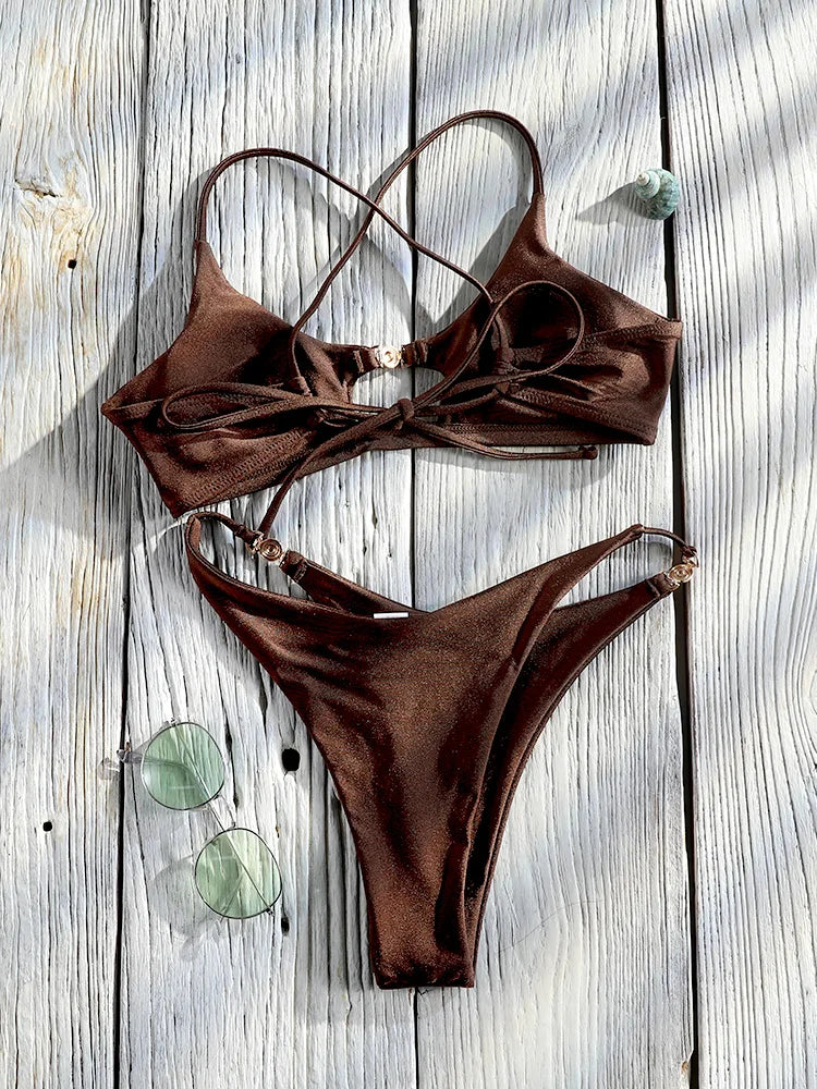 Miyouj Bandage Swimwear Summer Swimsuit High Cut Bikini Set Solid Sexy 2-Piece Suit New Bathsuit Hollow Out Thongs Beachwear