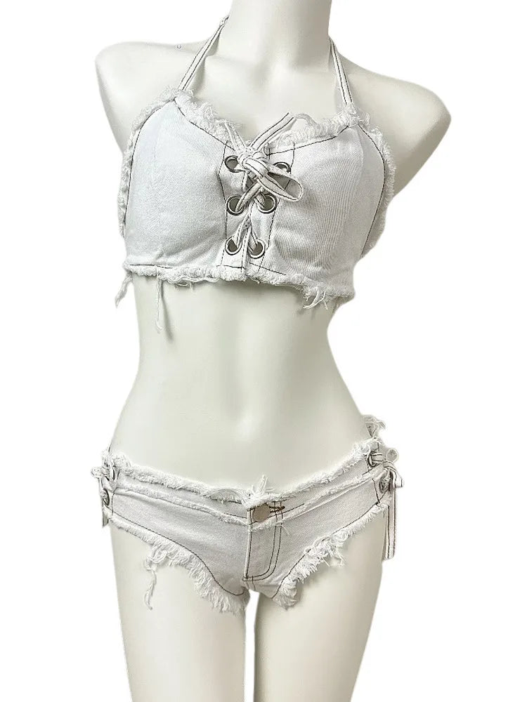 New In Women Beach Sexy Denim Bikini Sets 2025 Nightclub Bar Wear Halter Tops And Mini Hotpants