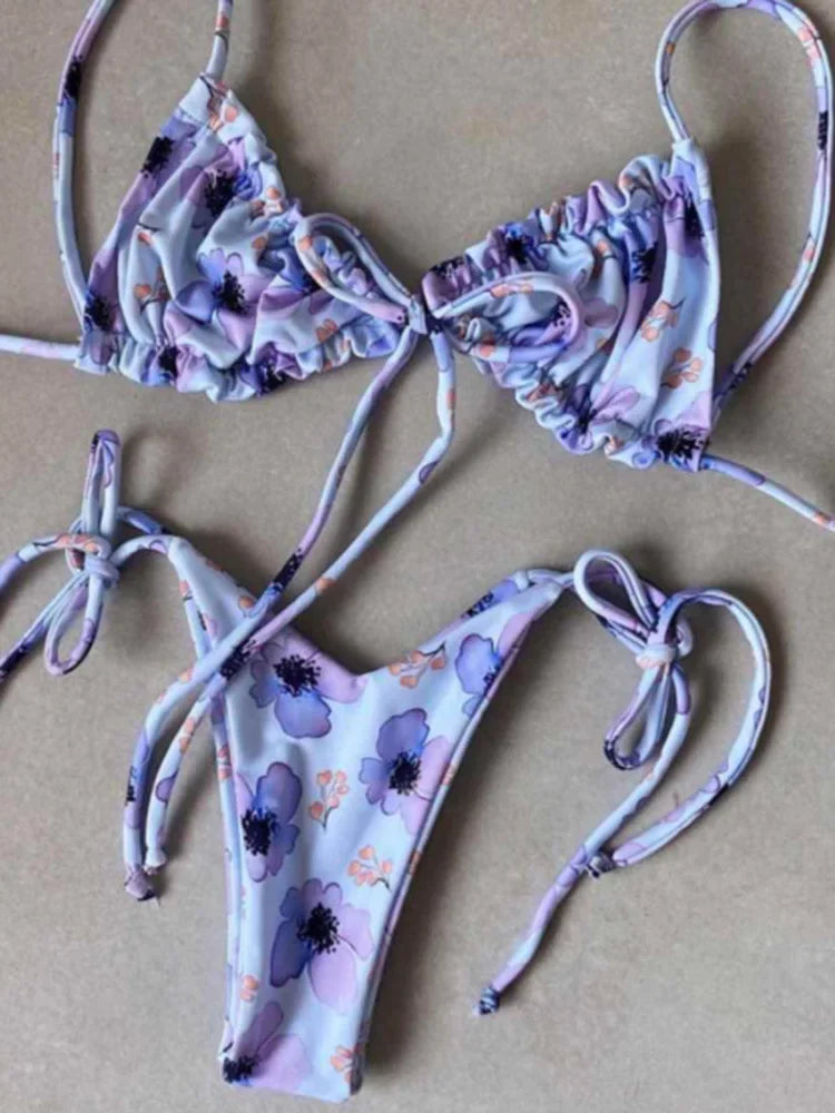 Sexy Printed Ruffled Frilled Thong Bikini Women Swimwear Female Swimsuit Two Pieces Bikini set Micro String Bathing Suit Swim