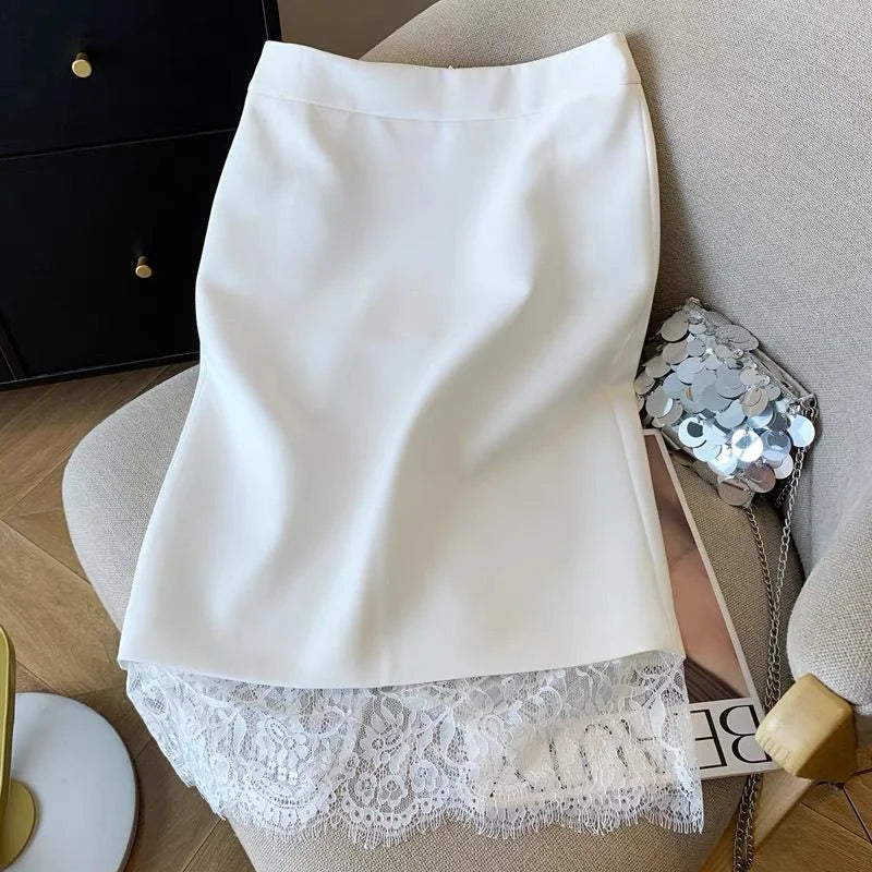 Autumn New Sexy Women's Slim Temperament Bag Hip Skirt Elegant Lace Patchwork Office Lady Midi Skirt Fashion Split Jupe 432P