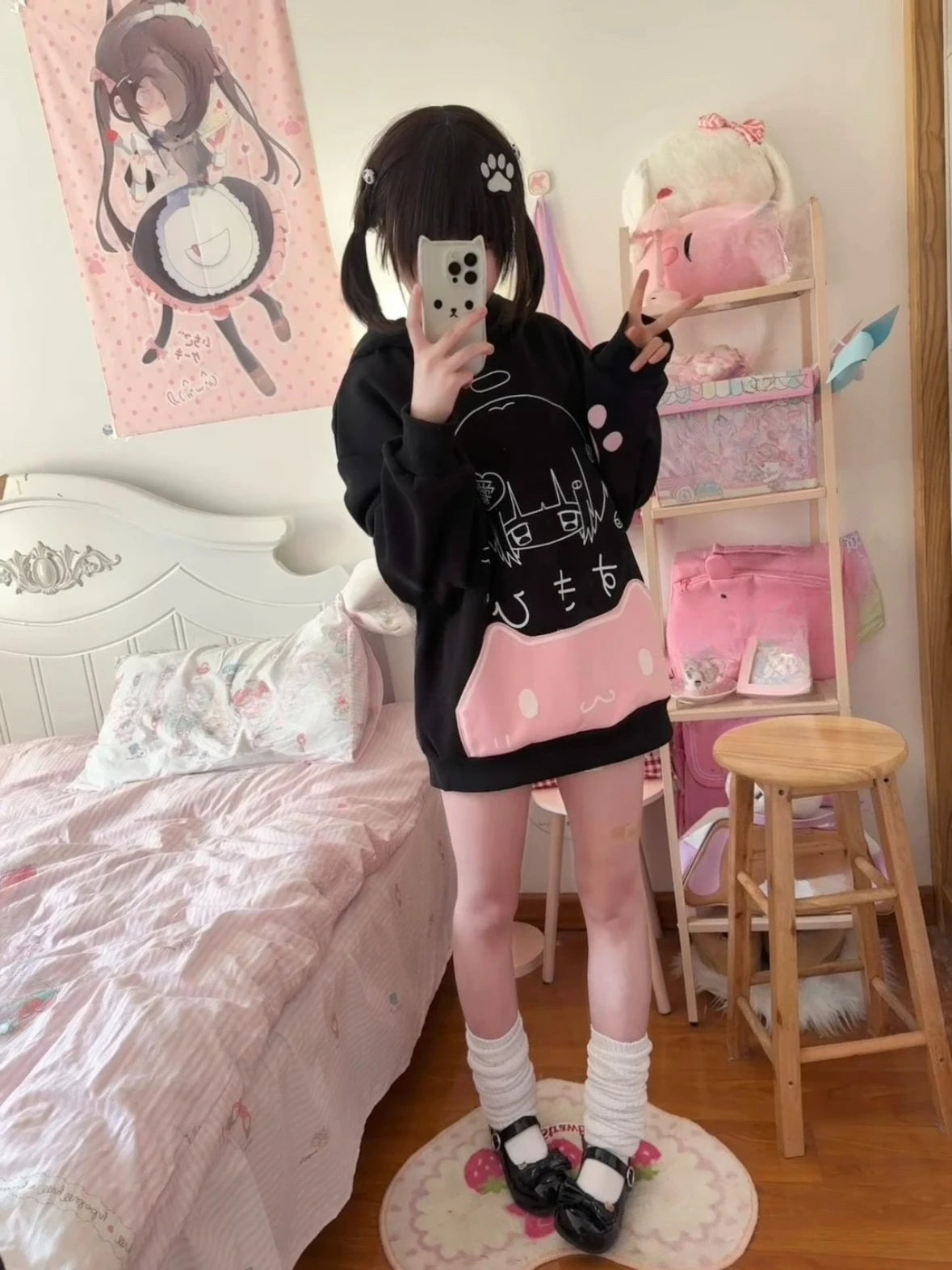 Japanese Cute Gothic Cat Ears Hooded Coat Vintage Printed Pockets Hoodie Streetwear Y2k Aesthetic Long Sleeve Sweatshirt Winter