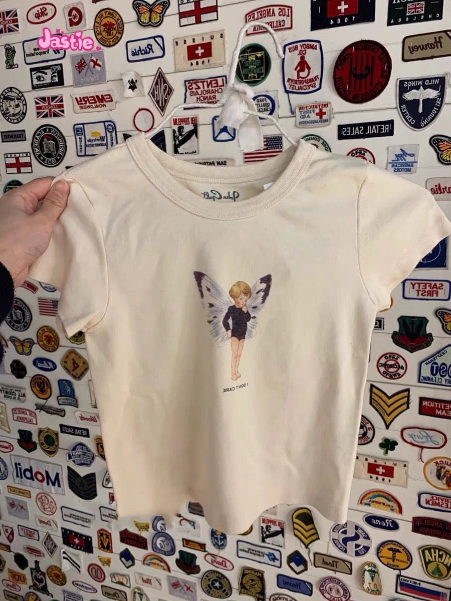 Cartoon Print Beige T-shirts Women 2024 Summer Streetwear Round Neck Short Sleeve T Shirt Female Vintage Chic Y2k Crop Top