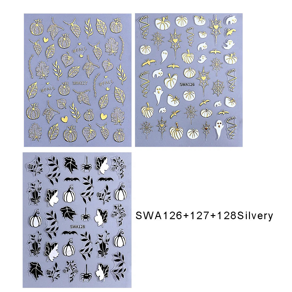 3pcs Autumn Nail Art Stickers Decal Golden Pumpkin Ghost Spider 3D Adhesive Slider for Halloween Thanksgiving Day Manicure Decor