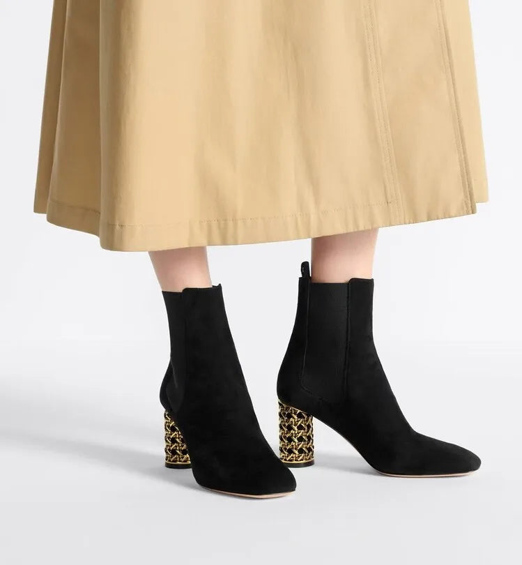 New Black Suede Personalized Hollow Out Heel Short Boots Autumn Winter Fashion Commuting Shopping Women's Ankle Boots Size 34-43