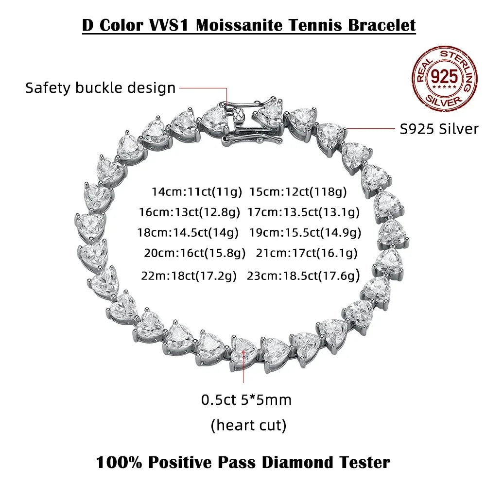 FEOBUR 3/5/6.5mm Heart Moissanite Tennis Bracelets with Certificate 925 Sterling Silver Sparkly Diamond Bangle for Women Jewelry