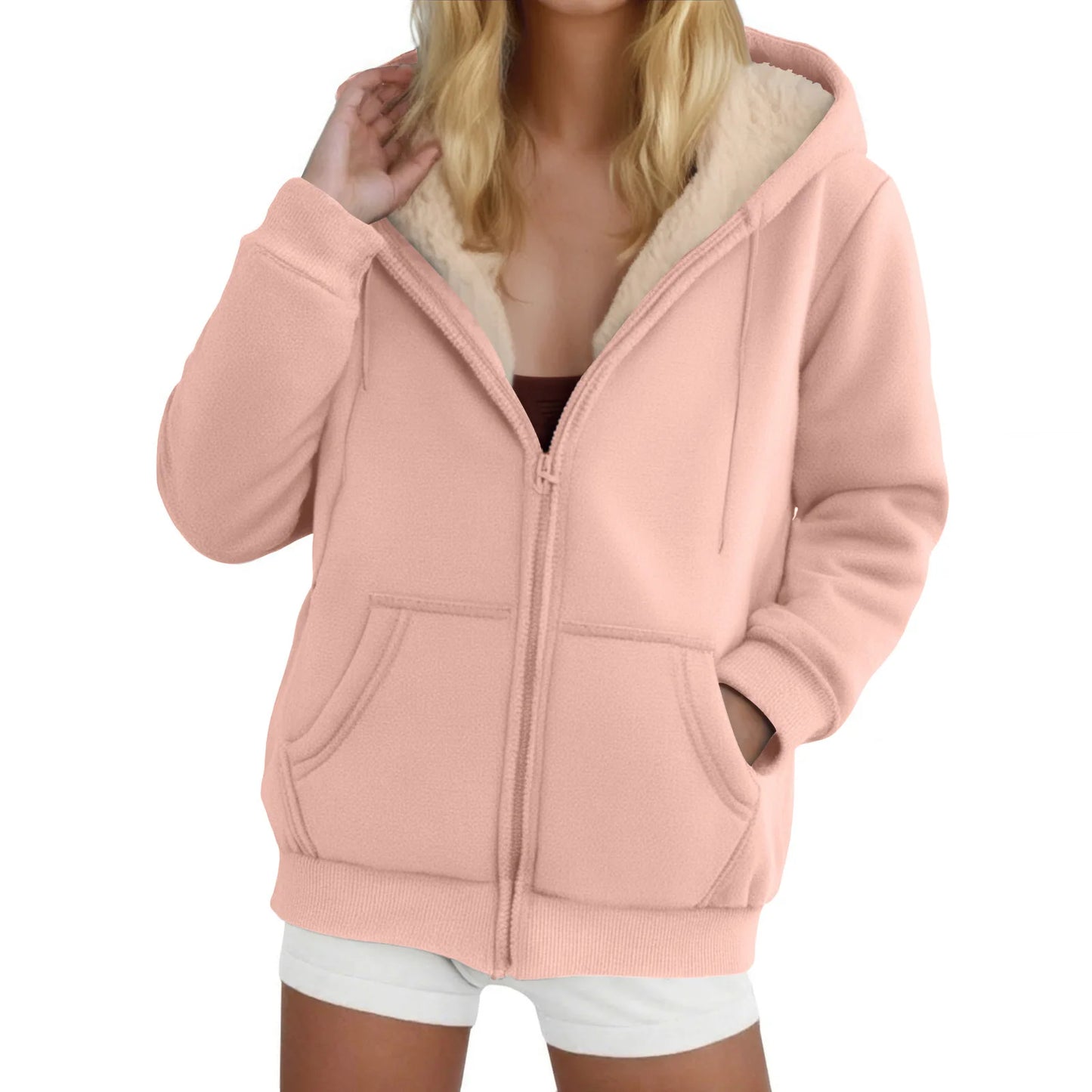 Women's Fleece-Lined Thickened Hooded Sweatshirt Solid Color Autumn Winter Thick Warm Hoodies Zipper Up Pocket Loose Jackets