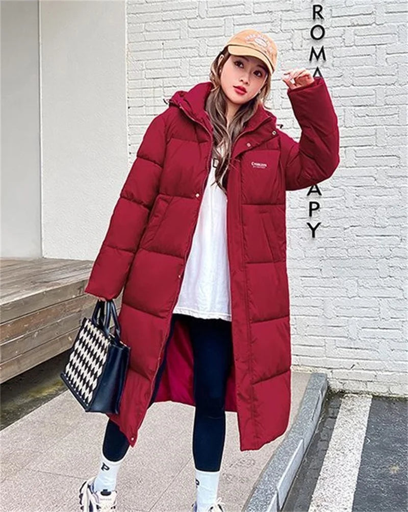 2025 Solid Long Down Parka Women with  Hood  Cotton Padded Jacket Winter Overcoat Fashion Thicken Warm Puffer Coat Female
