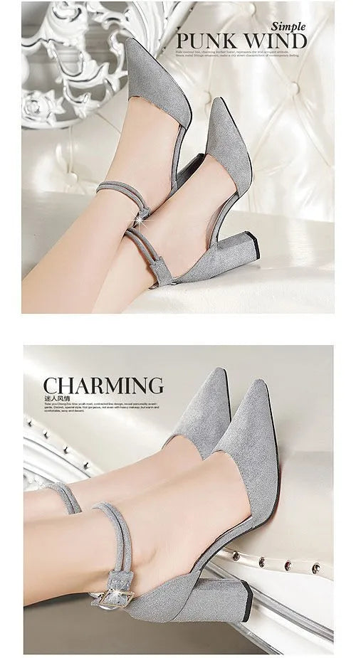 2025 Summer Square High Heels Women Shoes Flock Pointed Sandals Sexy Female Sandalias Shoes Ankle Buckle 6cm Heel Casual Pumps