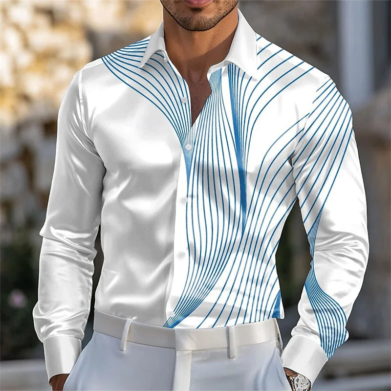Men's geometric gradient wave satin long-sleeved shirt fashion casual vacation daily summer spring and autumn lapel shirt