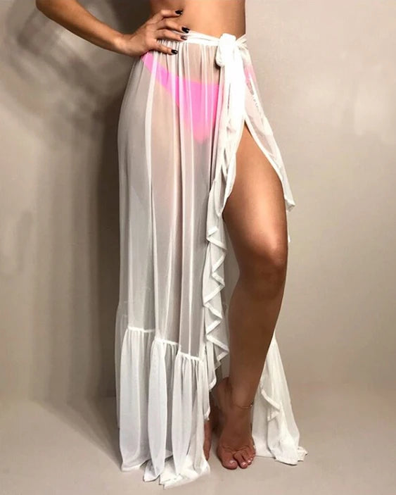 Combhasaki Womens Mesh Sheer Beach Holiday Ruffled Sunscreen Bikini Cover Up Wrap Belted Bow knot tied Long Skirt Summer Holiday