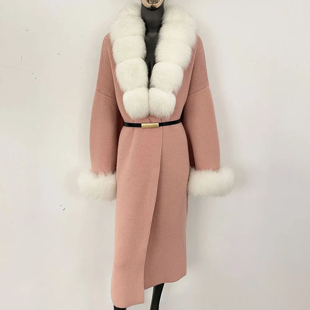 Long Knitwear Coat Women Warm Belt Real Fox Fur Jacket Female 2024 New Autumn Winter Kintted Natural Fur Coat Women