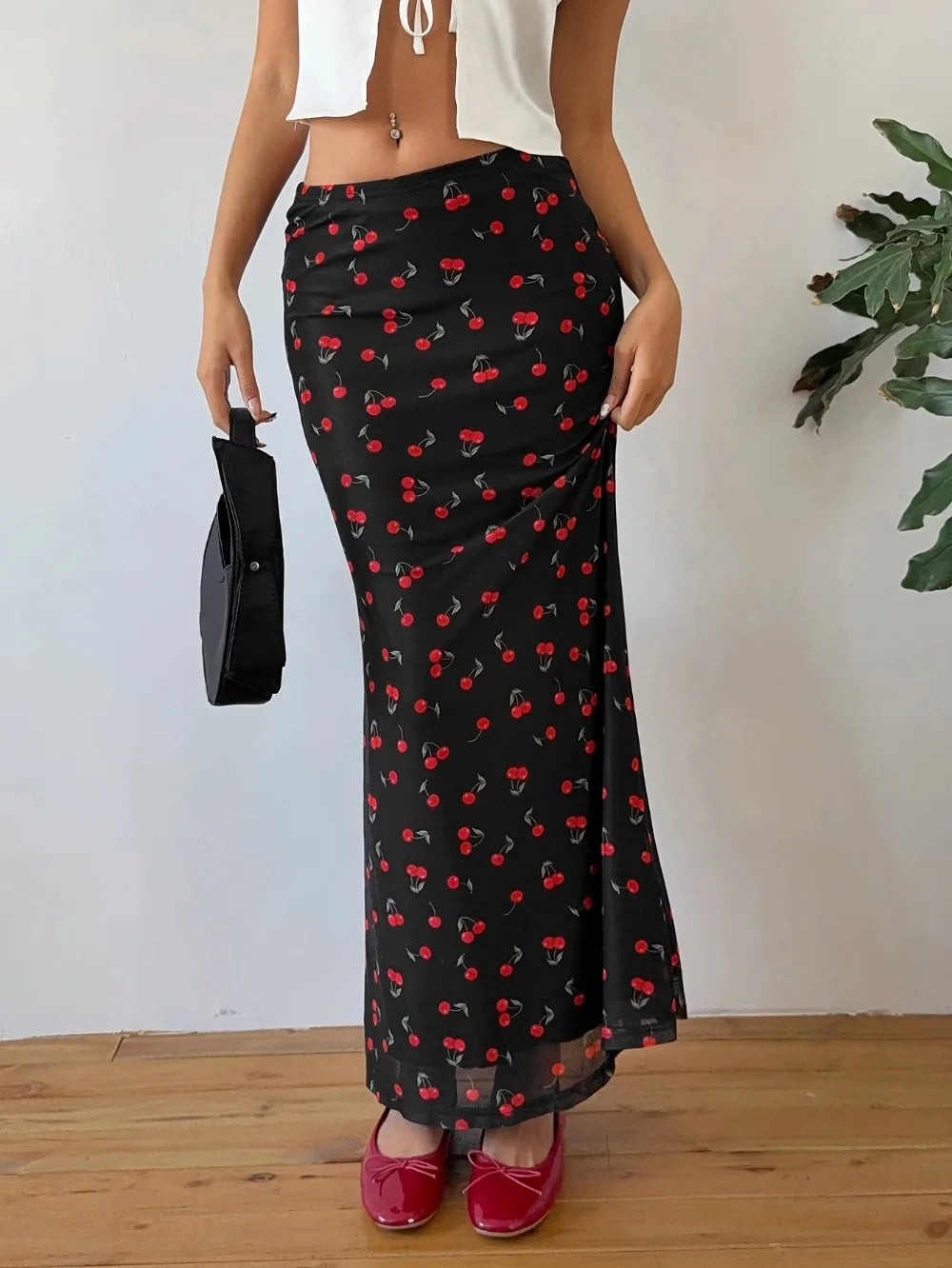 Summer Fashion Long Skirts for Women's Cherry Print High Waist Contrast Patchwork Slim Elegant Sexy Slim Ladies Y2k Maxi Skirt