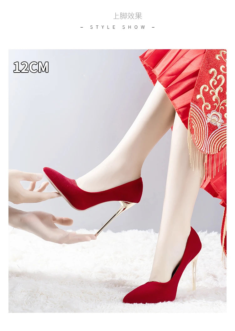 12cm   Red Heels Oversized Women's Heel Shoes 45 Red Wedding Shoes Flannelette Super High Heel Women's Shoes Zapatos De Mujer