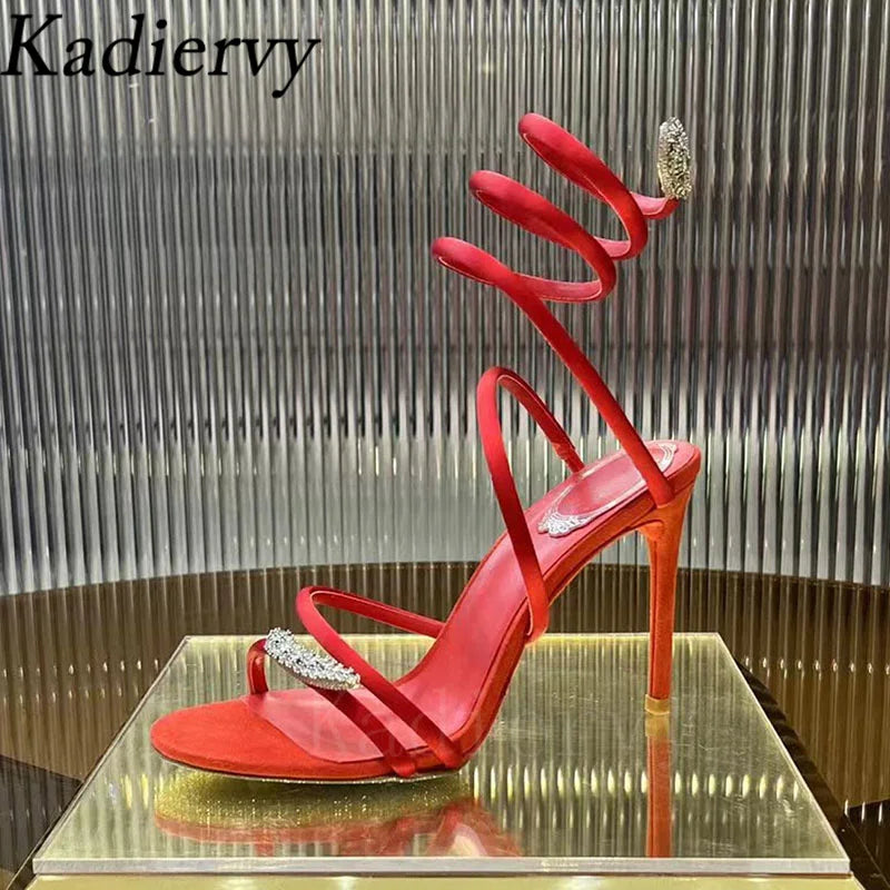 Summer High Heels Sandals Woman Butterfly-knot Rhinestone Snake Twine Around Ankle Strap Wedding Shoes Thin Heels Sandals Women