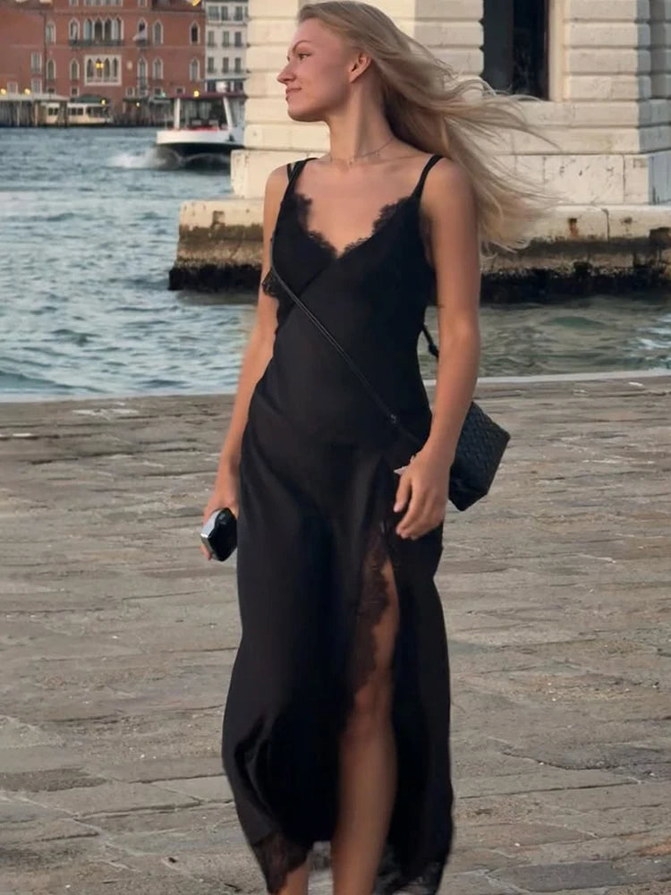 Talenza Black Luxury Evening Dress Women Sexy Lace Patchwork Sleeveless Backless Dress Elegant Party Look Fashion  Female Dress