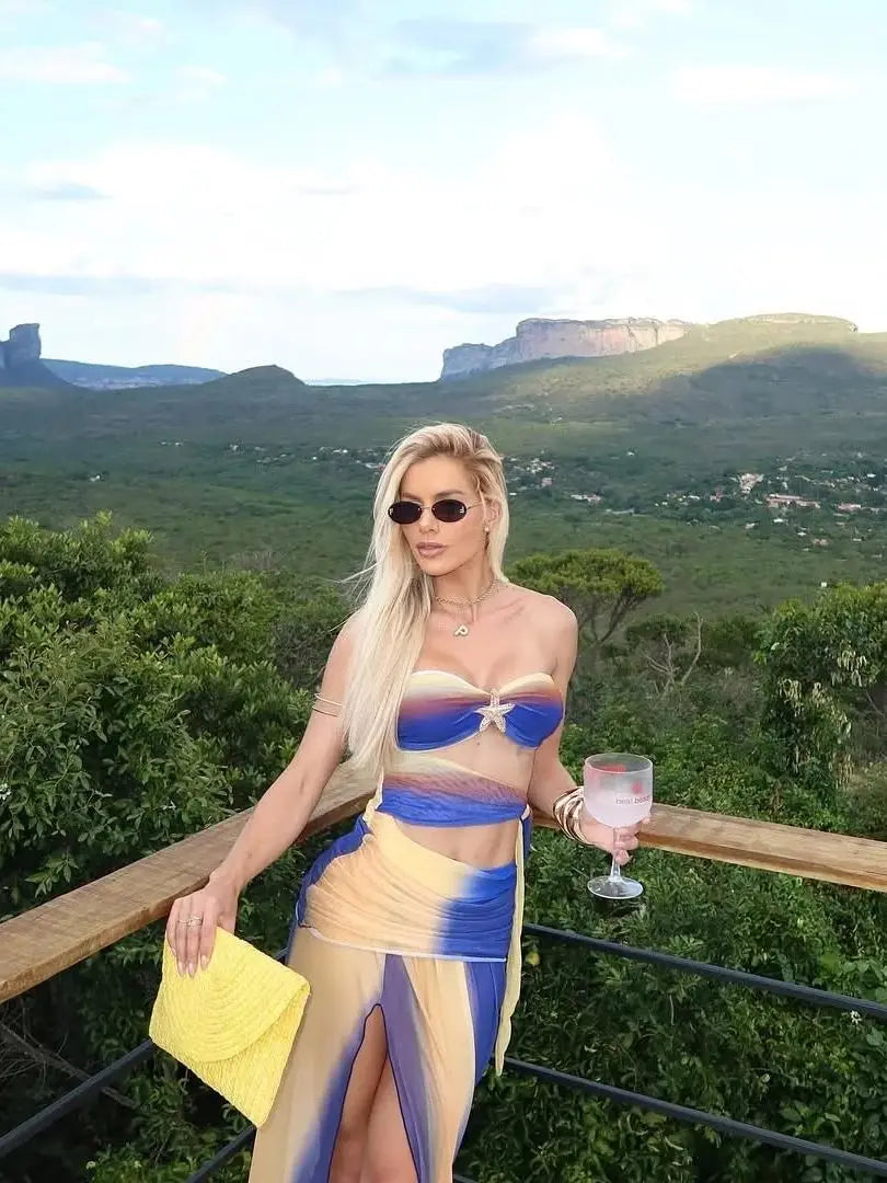 Bandage Swimwear with Skirt Slit Skirt Gradient Swimsuit Long Skirt Suit Swimsuits Women Bathing Suits Summer Beachwear Biquini