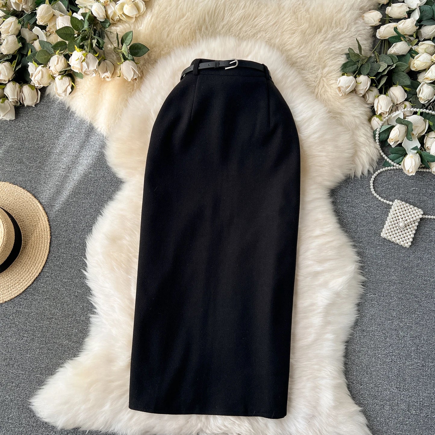 Woolen Midi Skirt Women Autumdn Winter High Waisted Elegant Pencil Skirt Female Slim Split Work Skirts
