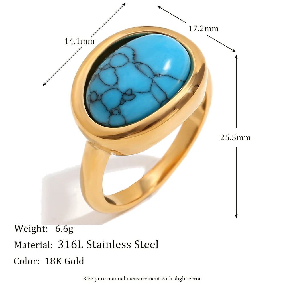 E.B.belle Minimalist Style Gemstone Ring Oval Shape Natural Stone 18k Gold Plated Stainless Steel Jewelry For Women Party GIft