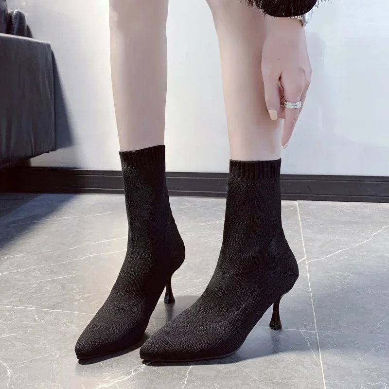 Socks Boots Women Stretch Fabric Elastic Stilettos Heel Sexy Pointed Toe Ankle Boots  Shoes Woman Thin Heels Party  shoes