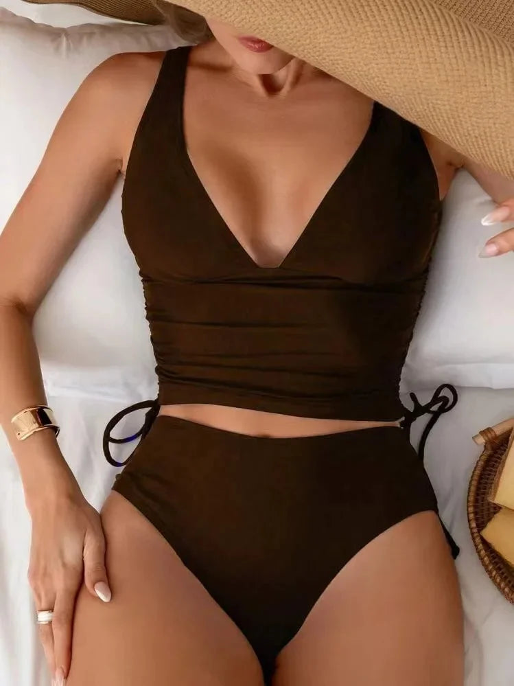 Fashionable Pure Color Nylon Fabric Bikini Set Sexy Two-Piece Swimsuit Drawstring Design Separate Top And Bottom for Women