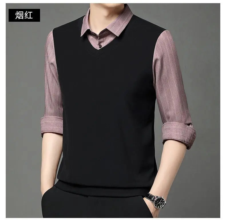 Fake Two Pieces Men Polo Shirts Turn-down Collar Striped Patchwork Business Casual Thermal Long Sleeve Comfortable Knitted Tops