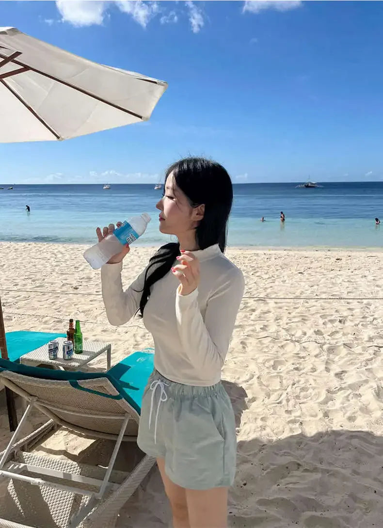 Fashionable Korean Dongdaemun Long Sleeve Women's Swimsuit Casual Beach Vacation Two Piece Conservative Student Bikini Set