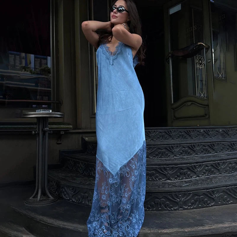 Tornova Sexy Spaghetti Strap Lace Dress For Women Fashion Splice Elegant Backless Long Dress Slim Vacation Party Female Clothes