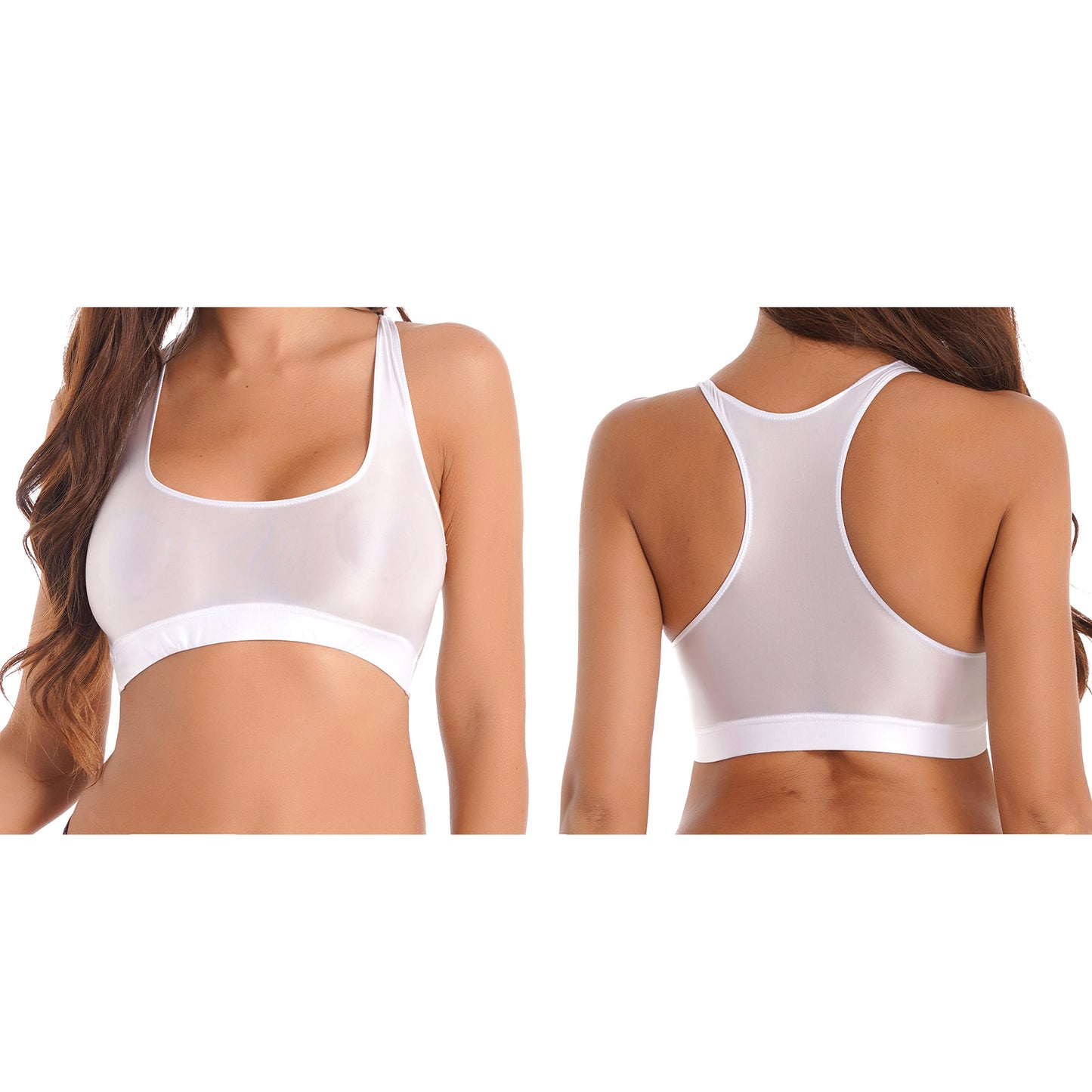 Women Glossy Swimsuit Outfit Oil Shiny Camis Crop Top Sports Fitness Smooth Tank Tops T-shirt With Panties Boxer Shorts Swimwear