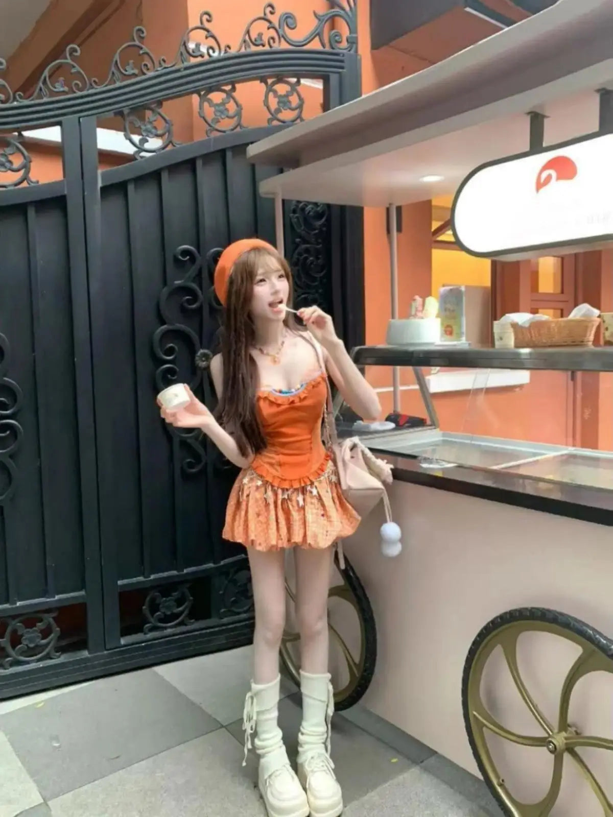 College Style Womens Retro Mini Skirt Orange Lace Striped Plaid Bud Skirt Y2k Millennium Summer Sweet Slim Dopamine Suspender